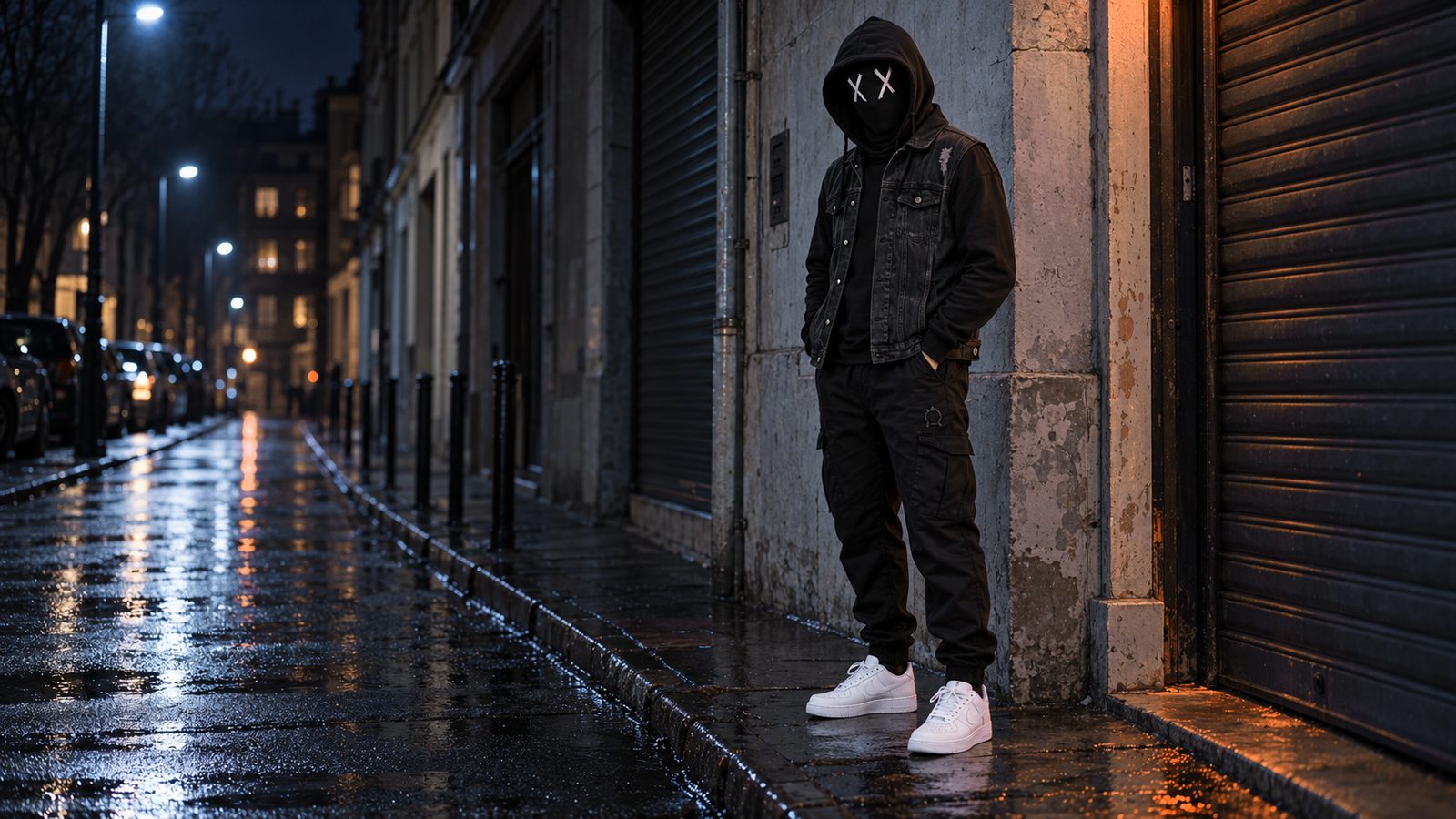Aatom la nuit dans une rue mouillée, adossé à un mur éclairé d'orange, cagoule noire et X peints sur les yeux